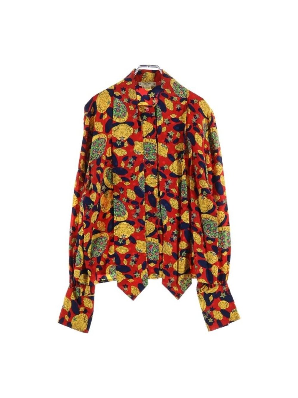 Celine Medallion Pattern All Over Print Silk Bow Tie Blouse 42